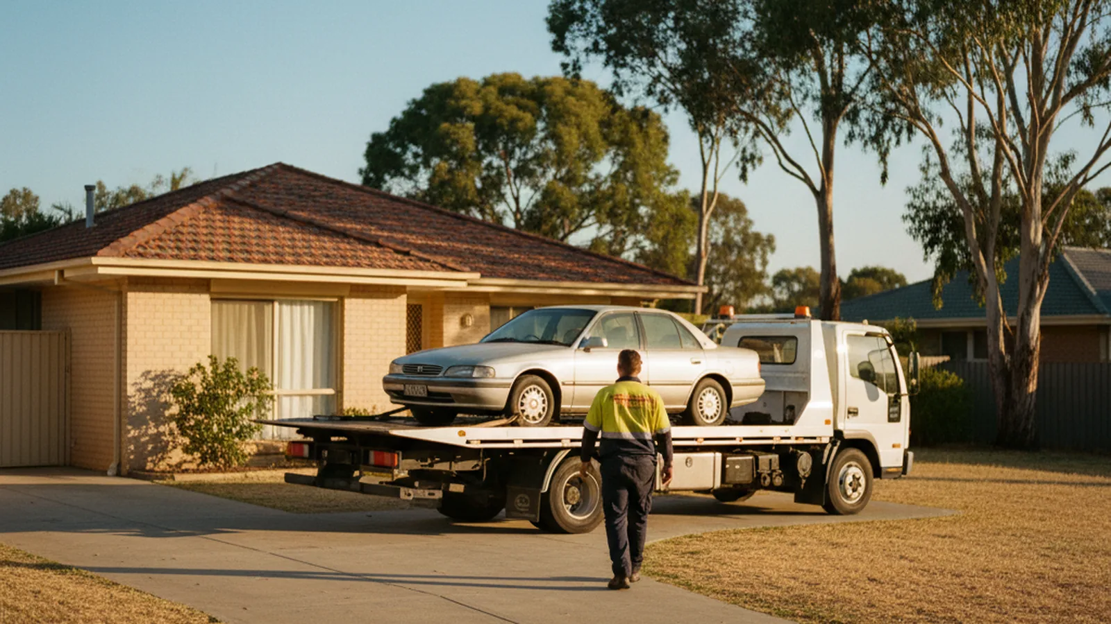 Flatbed tow truck collecting a car from a suburban Adelaide driveway